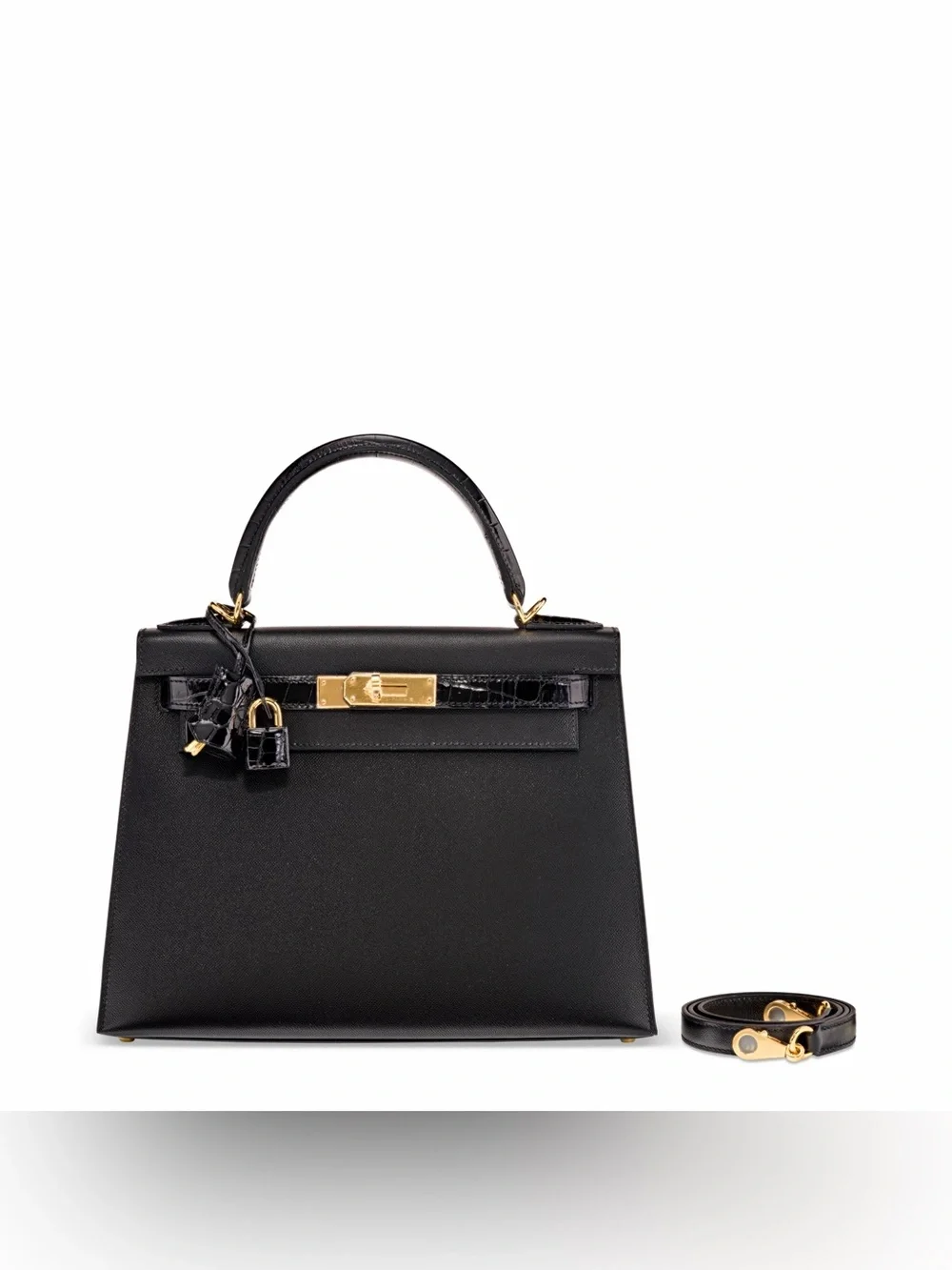 Kelly 25 Sellier GHW Black Epsom Leather Shiny genuine Niloticus Crocodile Touch - Picture 1 of 7